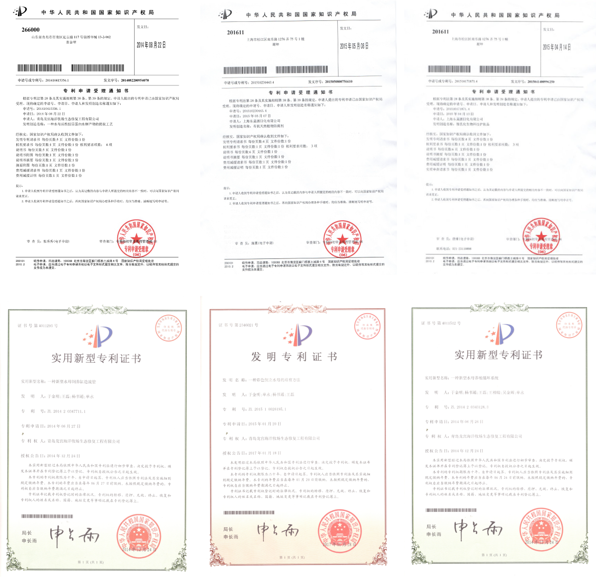 水母胶原蛋白肽提取证书以及其他专利证书